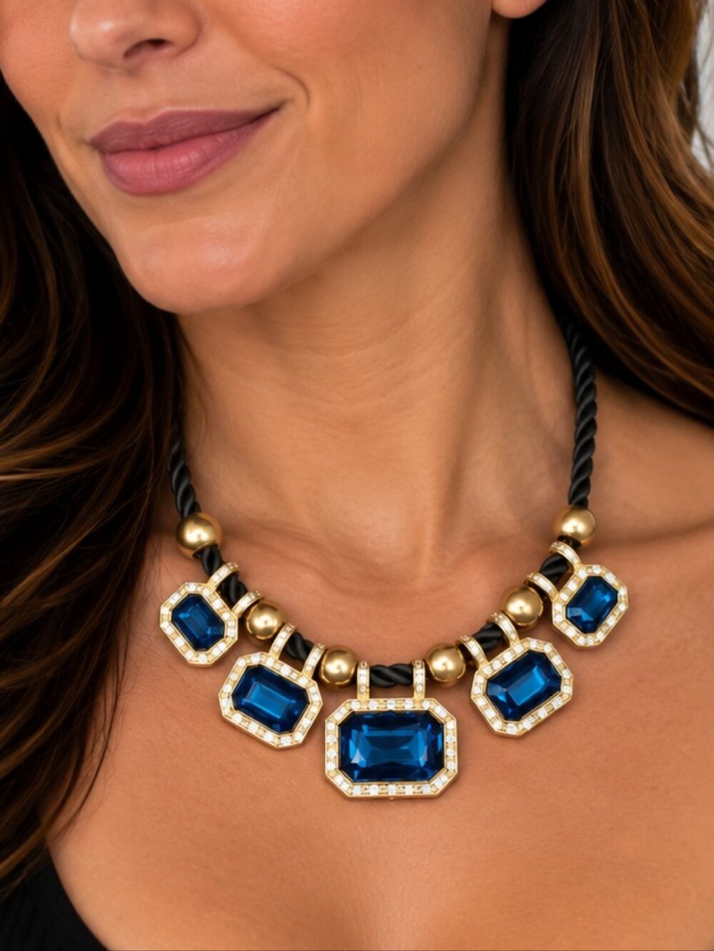 💎 Blue Statement Necklace Gold Tone Rhinestone Geometric Faceted Pendant VGUC